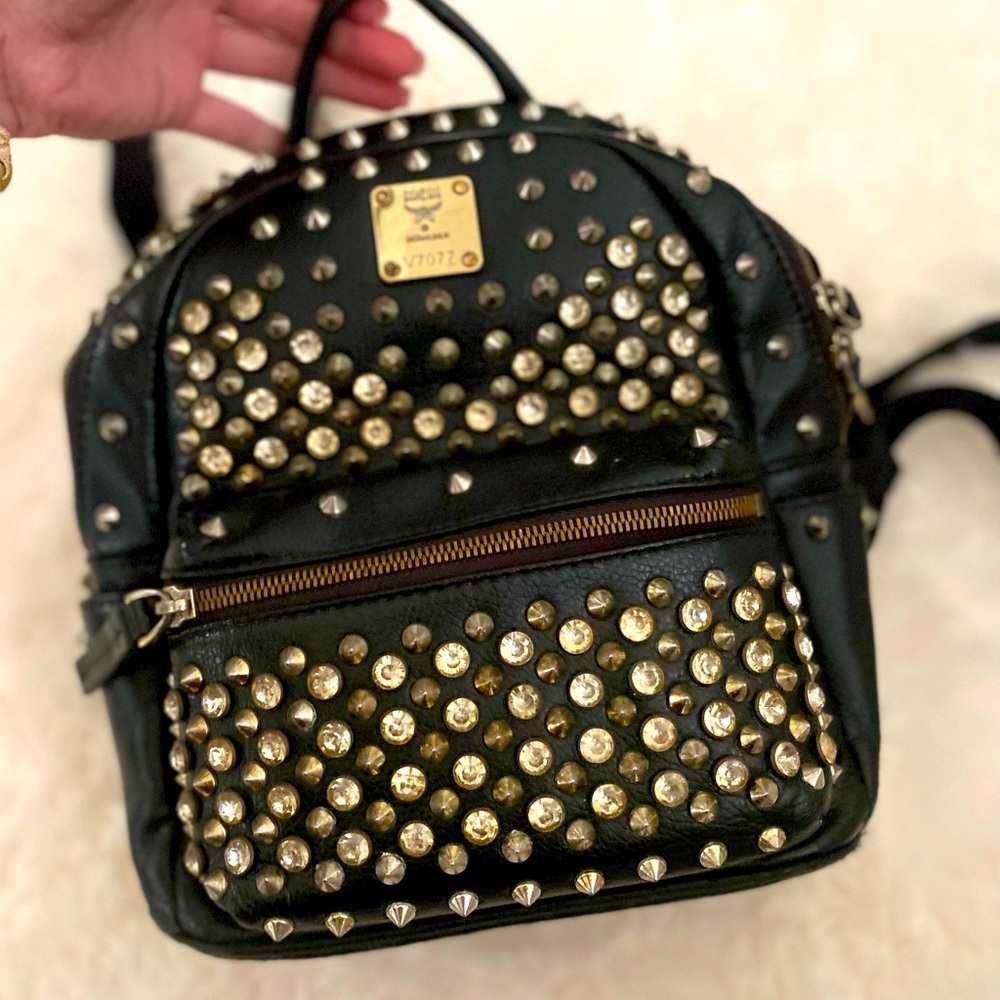 MCM Munich Black Leather Studded Backpack